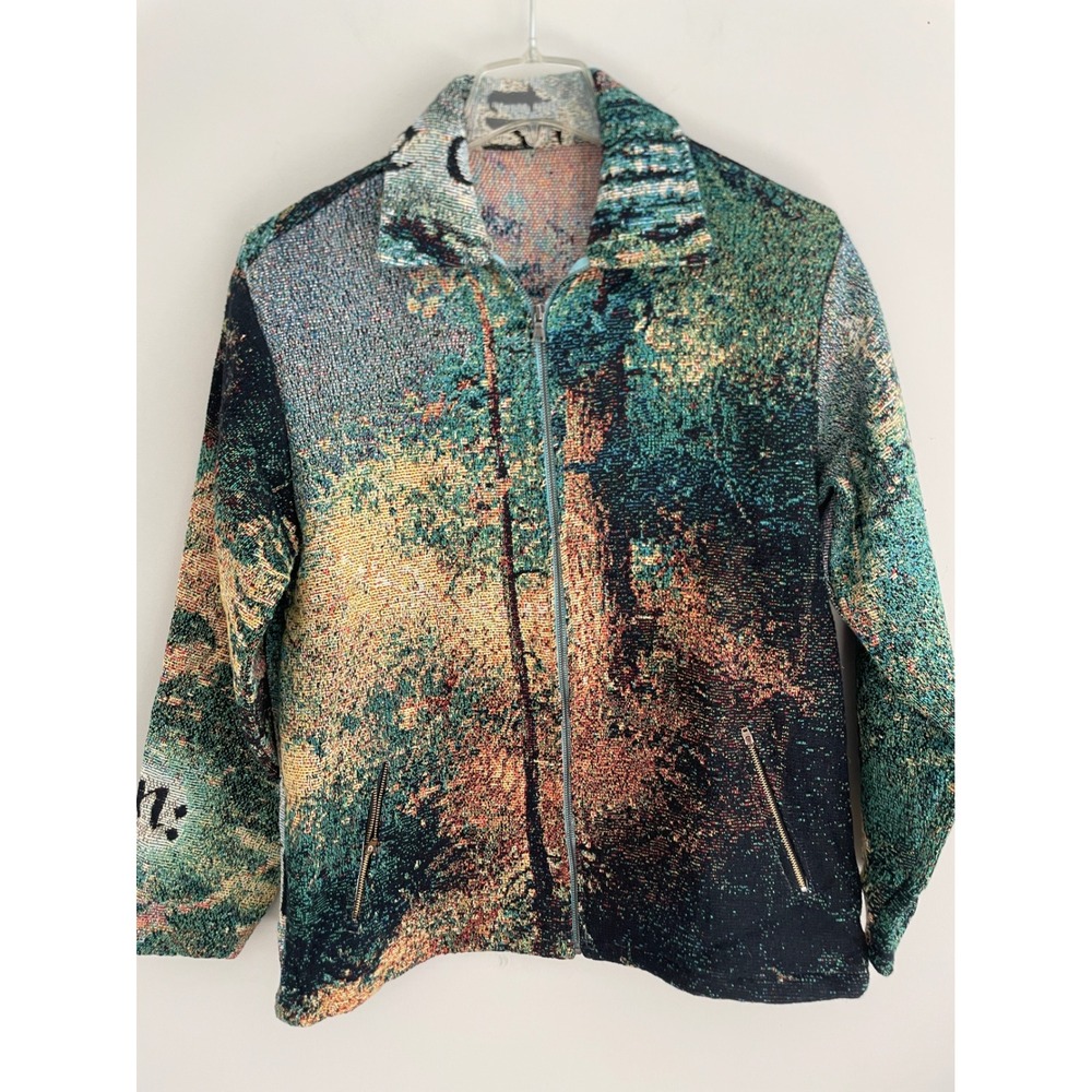 Upcycled Thomas Kinkade Woven Tapestry Jacket Scenic Landscape Biblical Full Zip
